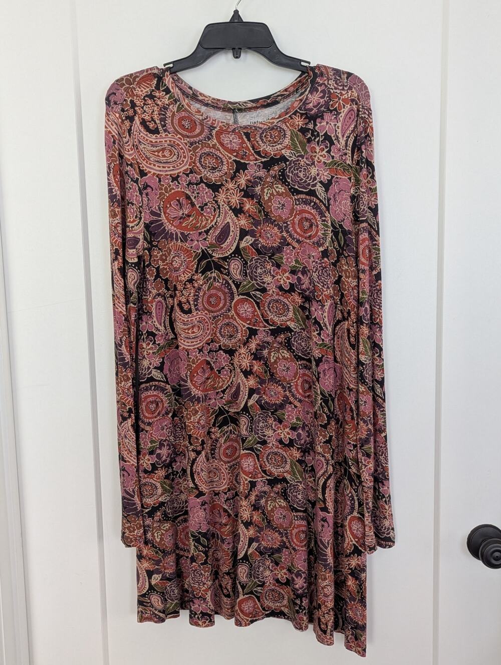 Natural Life Dress Large Boho Paisley Floral Long Sleeve Swing Pockets Stretch